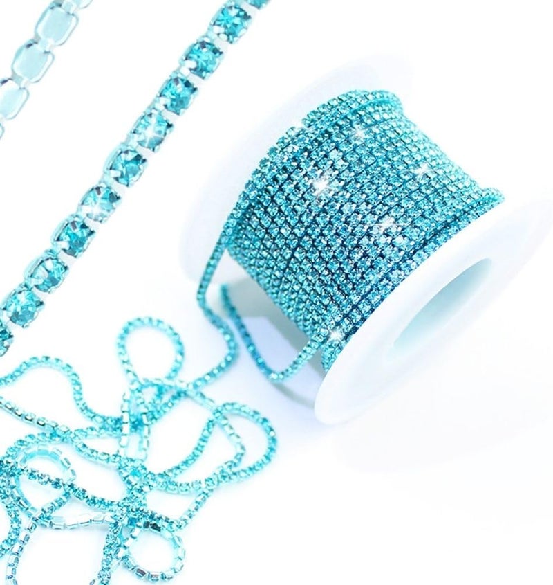 PEARLY JUN 10 Yards Blue Rhinestone Chain Aquamarine Rhinestone Trim Crystal Artificial Stone Trim Cup Chain SS6 2mm Color Plated Cup Stitch Costume Decoration - Image 1
